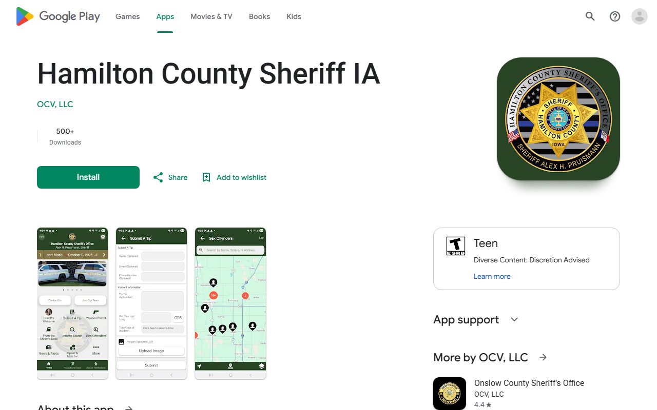 Google Play listing for the Hamilton County Sheriff IA app